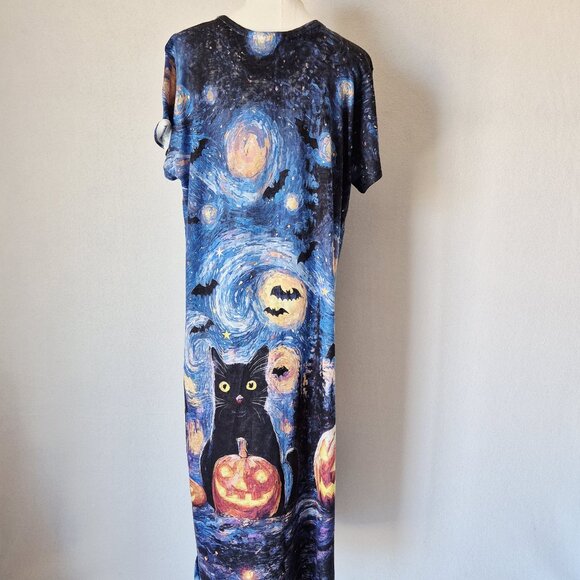 Et' Lois Black Cat Jack-o' Lanterns Van Gogh Starry Night Maxi T-Shirt Dress - Picture 4 of 11